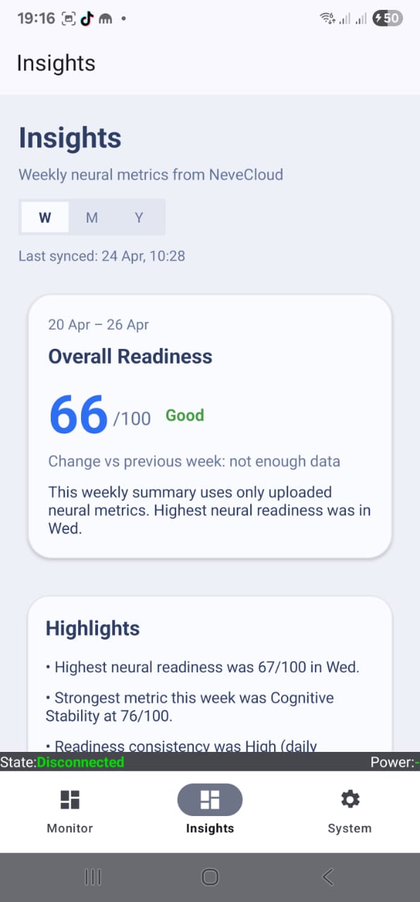 NEVE mobile health metrics screen